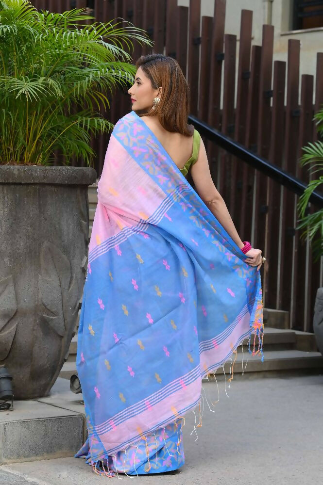 Beatitude Pink Slub Cotton Floral Jamdani Saree