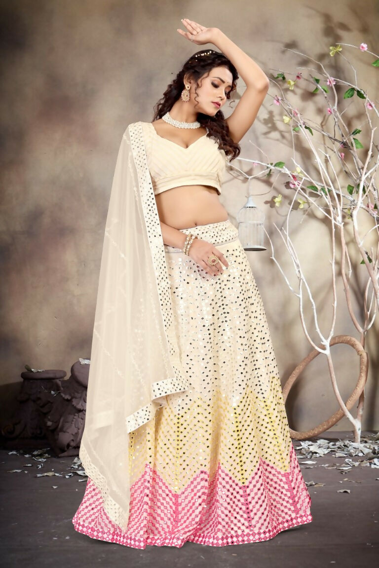 Jyoti Fashion Butter Cream Sequence with Thread Zari Embroidery Georgette Lehenga Choli with Dupatta