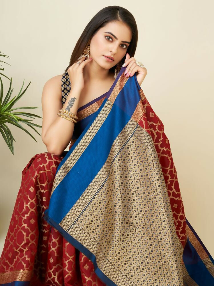 Joban Fashion Red Woven Design Lichi Silk Kanchipuram Saree