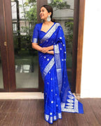 DEIANA'S Beautiful Designer Golden zari Soft Lichi Silk Saree - Royal Blue