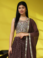 Brown Georgette Embroidered Lehenga choli with Dupatta - Dhara