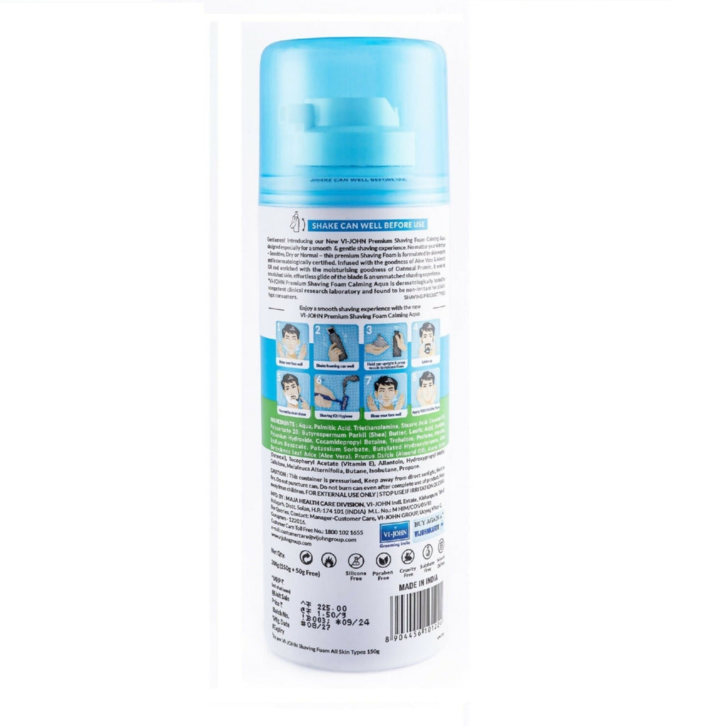VI-JOHN Dermatologically Tested Premium Claming Aqua Shaving Foam Enriched with Aloevera & Almond Oil Free From Silicone, Paraben & Mineral Oil - Distacart