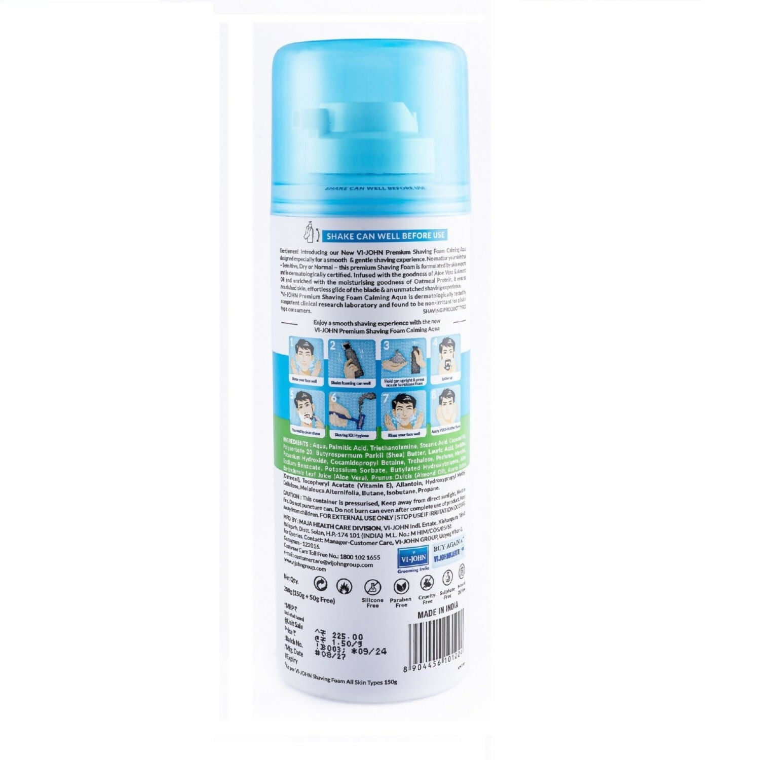 VI-JOHN Dermatologically Tested Premium Claming Aqua Shaving Foam Enriched with Aloevera & Almond Oil Free From Silicone, Paraben & Mineral Oil - Distacart
