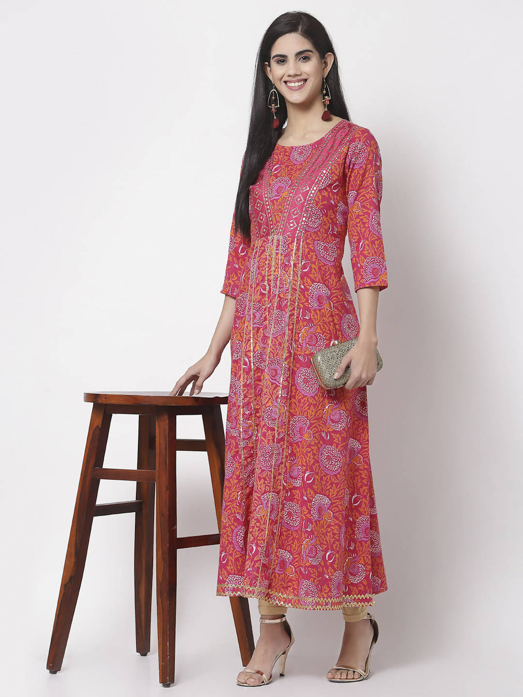 Myshka Women's Pure Red Color Cotton Round Neck Printed 3/4 Sleeve Dress