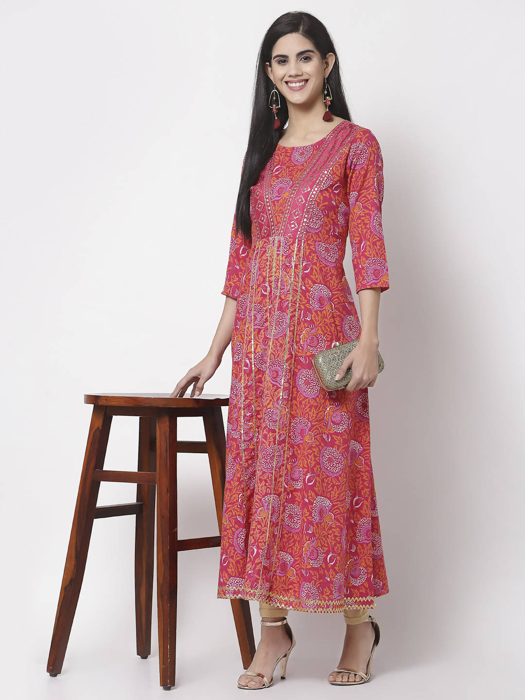 Myshka Women's Pure Red Color Cotton Round Neck Printed 3/4 Sleeve Dress