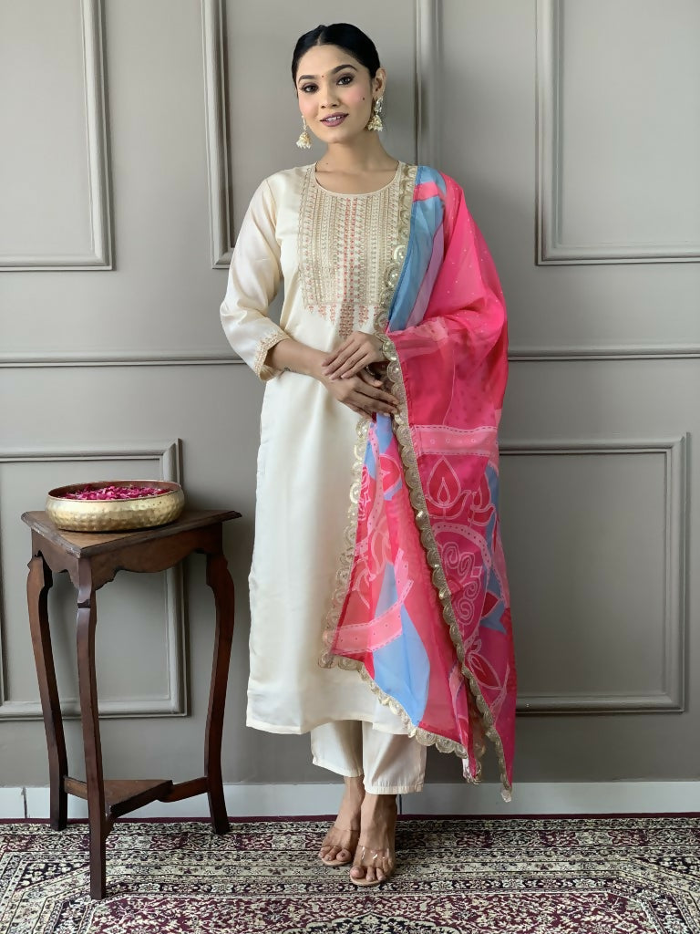 White Viscose Chanderi Stitched Suit With Dupatta - Tanisha