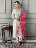 White Viscose Chanderi Stitched Suit With Dupatta - Tanisha