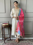 White Viscose Chanderi Stitched Suit With Dupatta - Tanisha