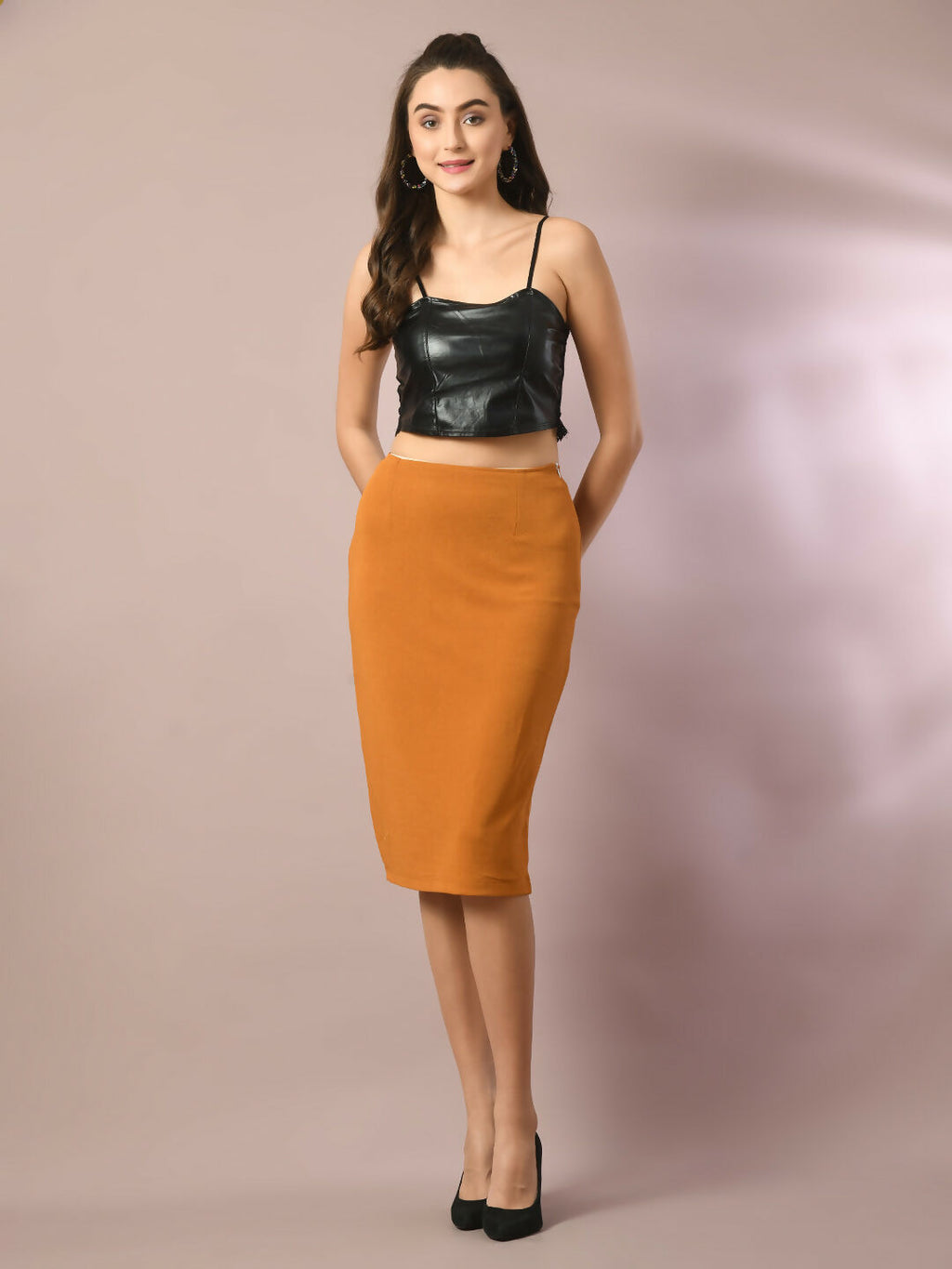 Myshka Women's Mustard Solid Knee Length Party Embellished Skirts