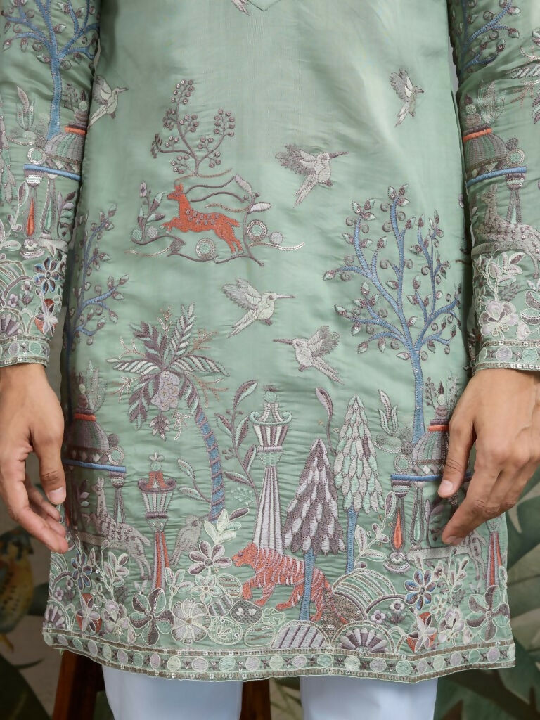 Vastranavya Pista Green Exclusive Festival Wear Viscose Silk Thread & Sequence Embroidered Work Kurta