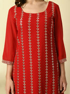 Myshka Women's Red Georgette Kurta & Palazzos With Dupatta Party Sets