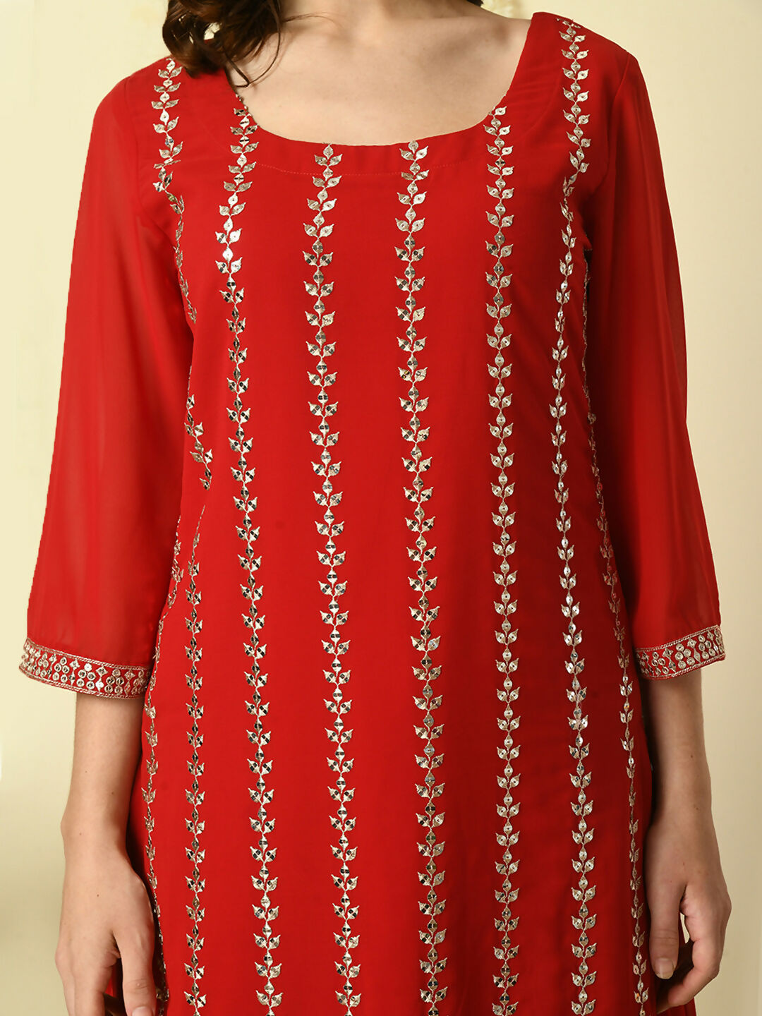 Myshka Women's Red Georgette Kurta & Palazzos With Dupatta Party Sets