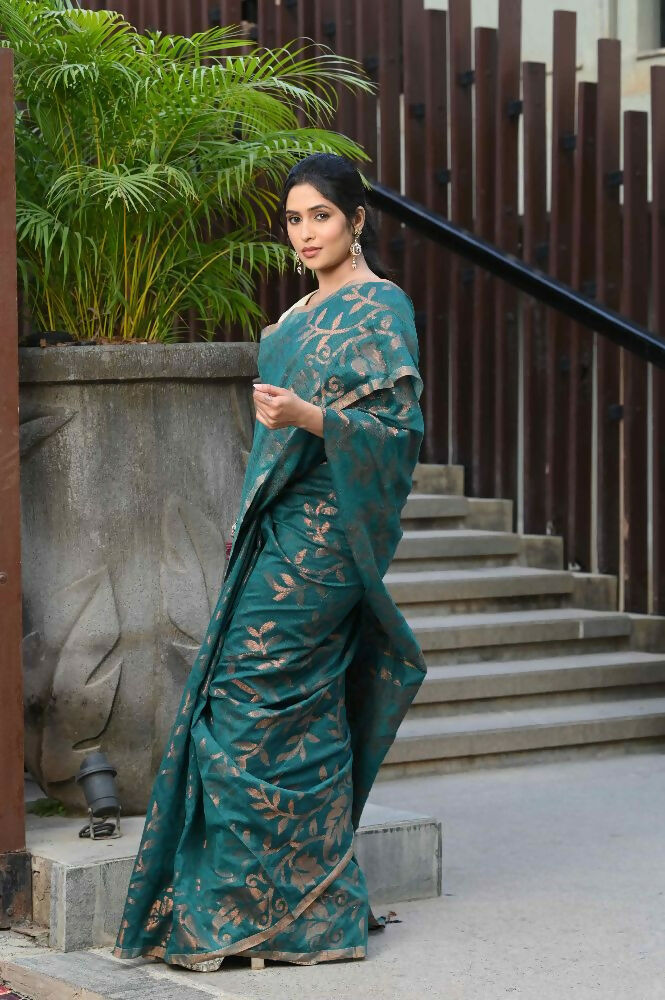 Beatitude Green Cotton Floral Jamdani Saree