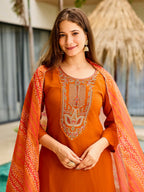 The52 Rust Women's Gorgeous Embroidered work Rayon Fabric Straight Kurta, Pant and Dupatta Set - Distacart