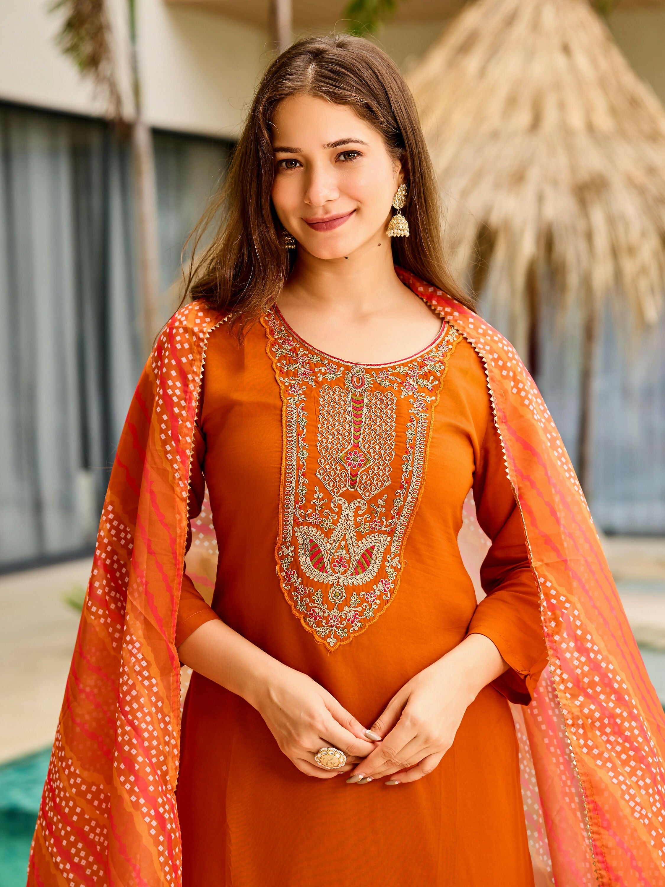 The52 Rust Women's Gorgeous Embroidered work Rayon Fabric Straight Kurta, Pant and Dupatta Set - Distacart