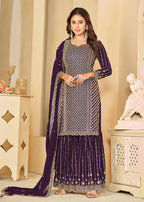 Mesmeric Purple Faux Georgette Palazzo Suit with Embroidery - Emponline