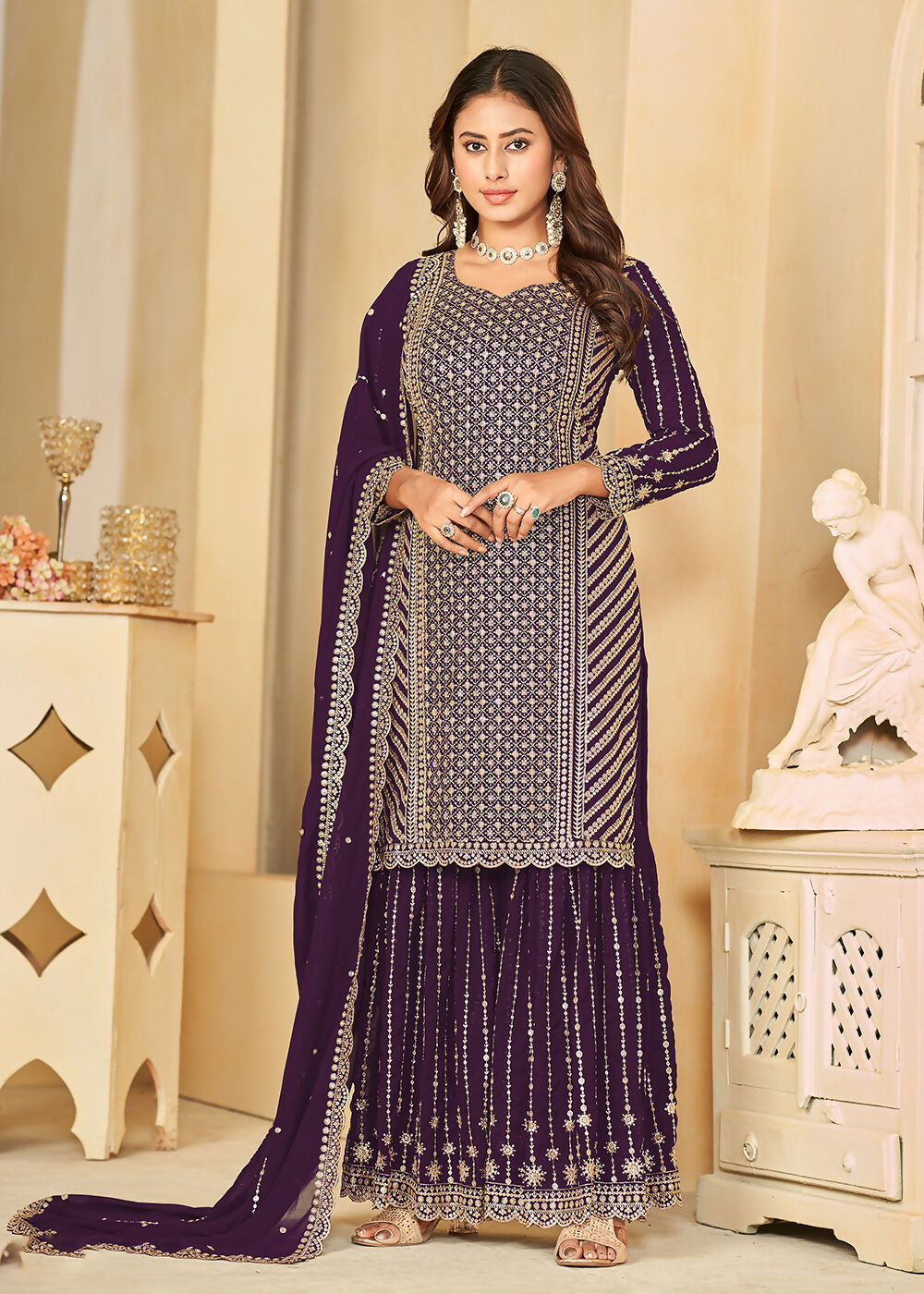 Mesmeric Purple Faux Georgette Palazzo Suit with Embroidery - Emponline