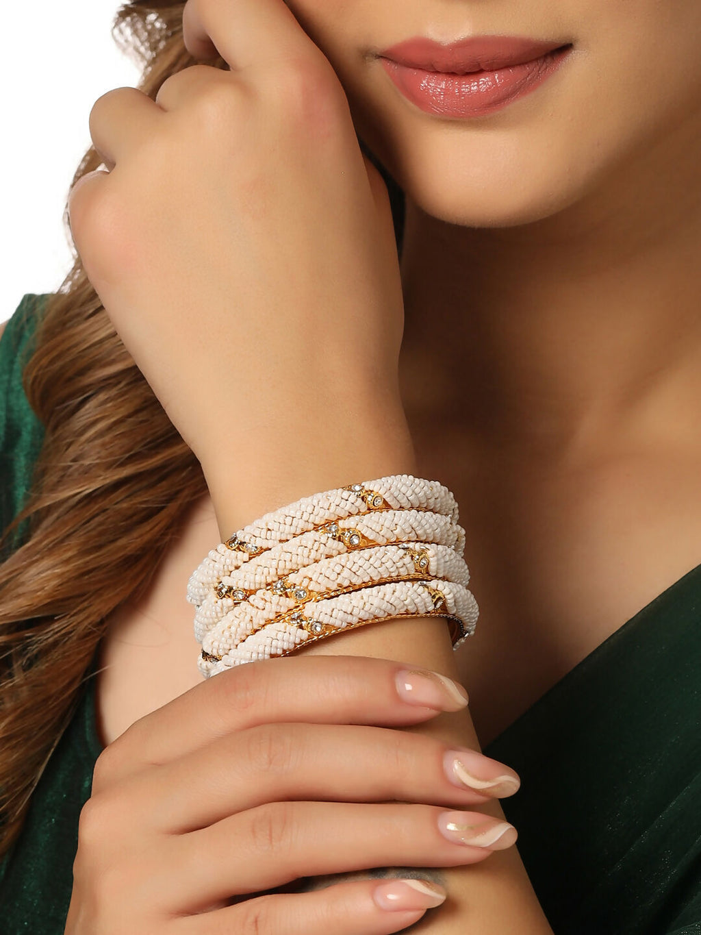 NVR Women Set of 2 Gold-Plated Traditional Pearls Beaded Bangles - Distacart