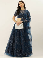 House of Panchhi Navy Blue Net Semi Stitched Coding, Sequins and Mirror work Lehenga Choli