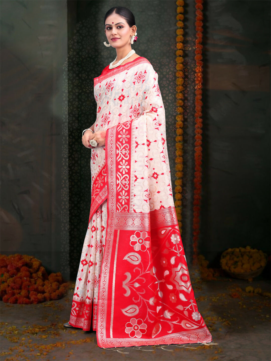 Shree Shyam Fashion Devistuti Red White Linen Cotton Saree