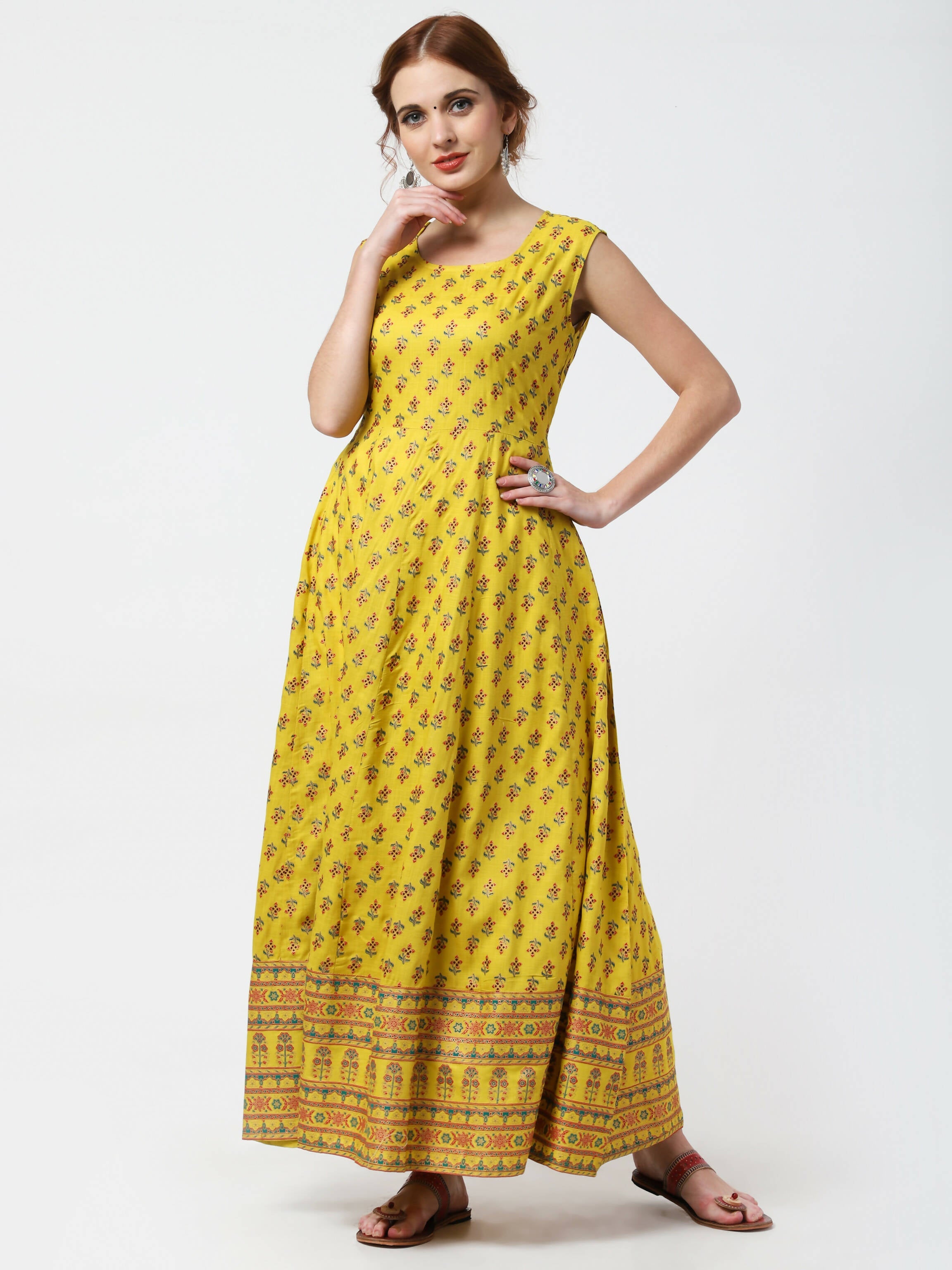 Cheera Women's Mustard Viscose Cotton Long Kalidar Kurta With Jacket