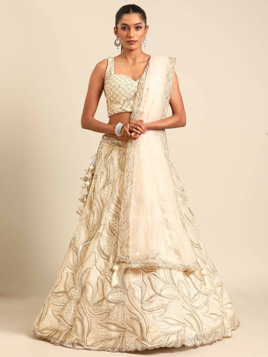 House of Panchhi Cream Net Sequins and Zarkan embroidery Lehenga choli & Dupatta