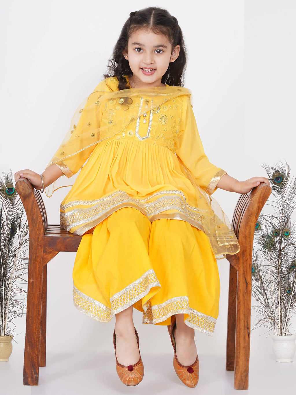 Little Bansi Girls Cotton Gotta Patti Kurta frock with Sharara & Dupatta - Yellow