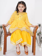 Little Bansi Girls Cotton Gotta Patti Kurta frock with Sharara & Dupatta - Yellow