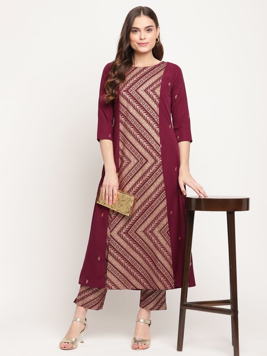 Ahalyaa Women's Wine Crepe Gold Glitter Print Kurta Trouser Set