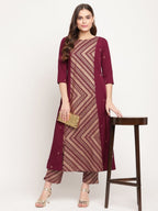 Ahalyaa Women's Wine Crepe Gold Glitter Print Kurta Trouser Set