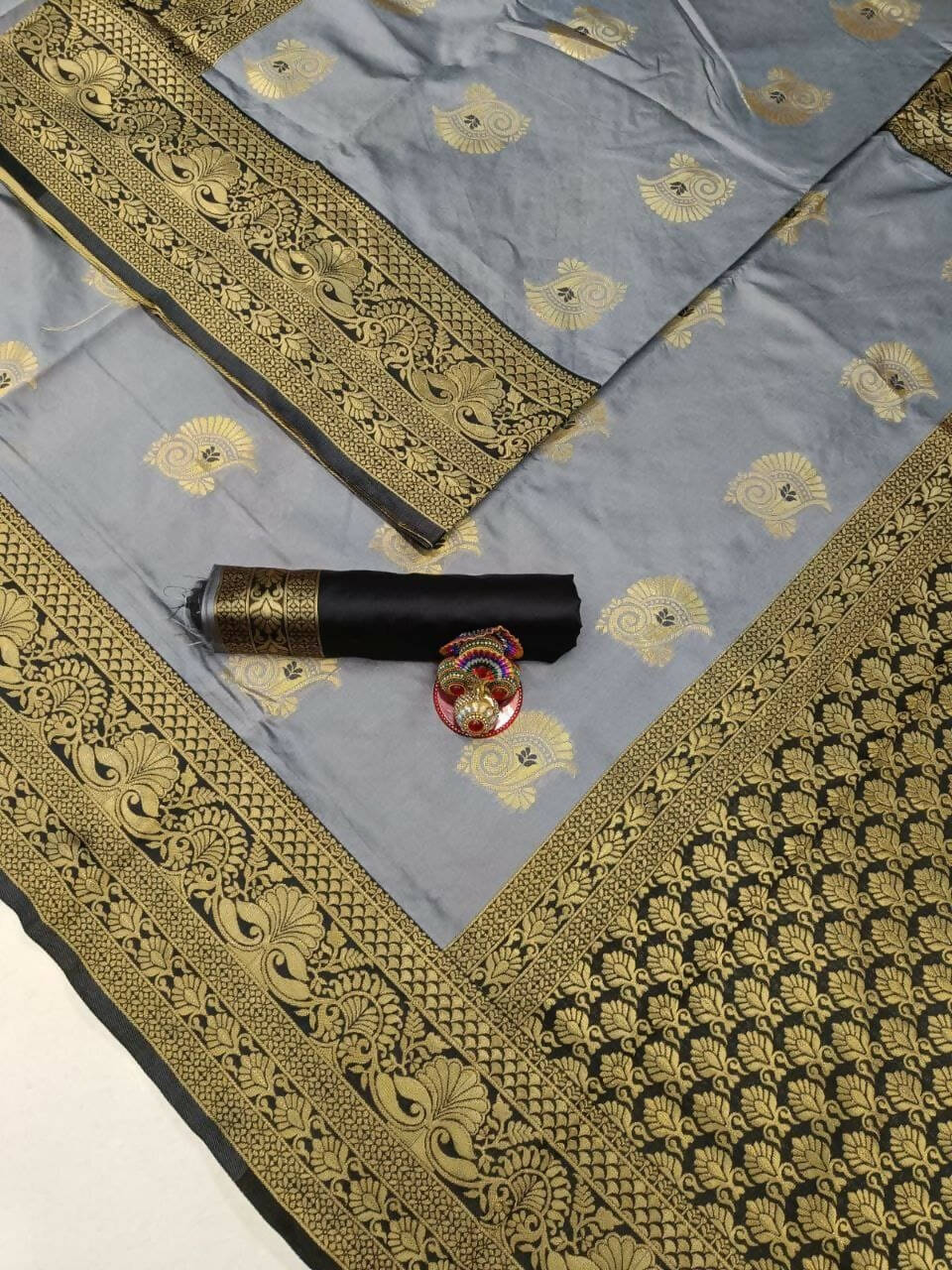 DEIANA'S Beautiful Designer Golden zari Soft Lichi Silk Saree - Grey
