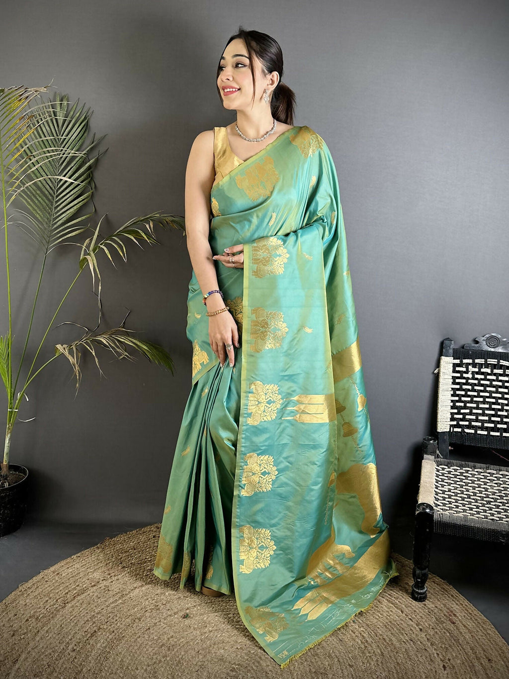 Joban Fashion Sea Green Motifs Zari Weaving Soft Silk Banarasi Saree