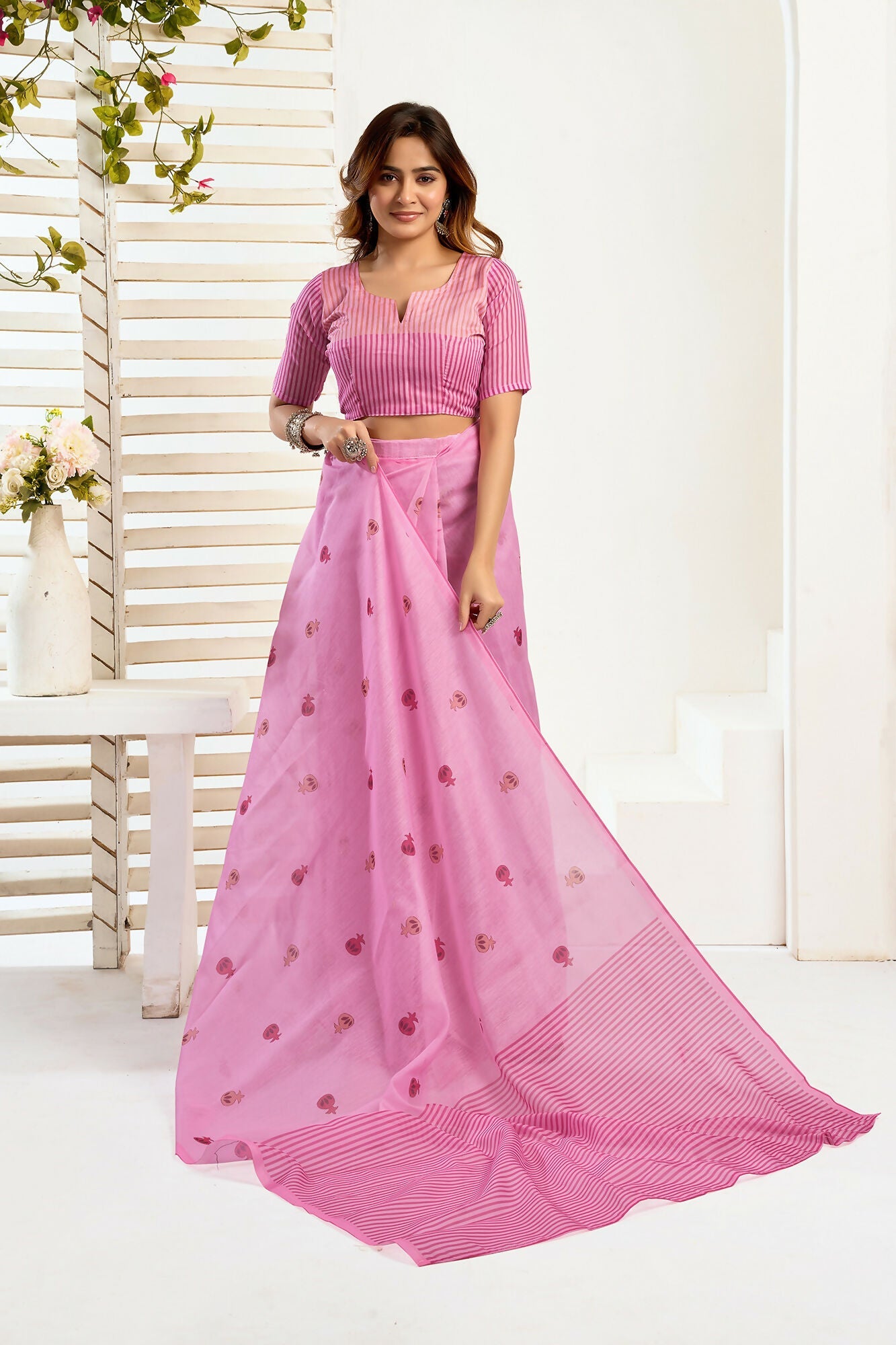 Vastranavya Baby Pink Digital Printed Linen Ready To Wear Designer Saree with Unstitched Blouse - Distacart