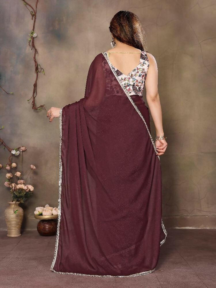 PR Fashion Brown Star Georgette Solid Georgette With Mirror Border Saree