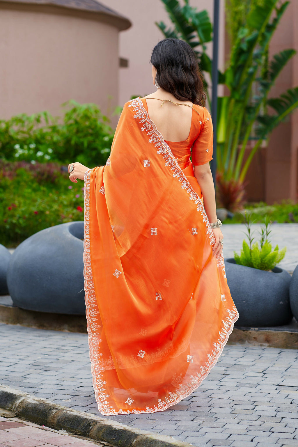 Vastranavya Orange Embroidery Work Shimmer Chiffon Saree with Unstitched Blouse - Distacart