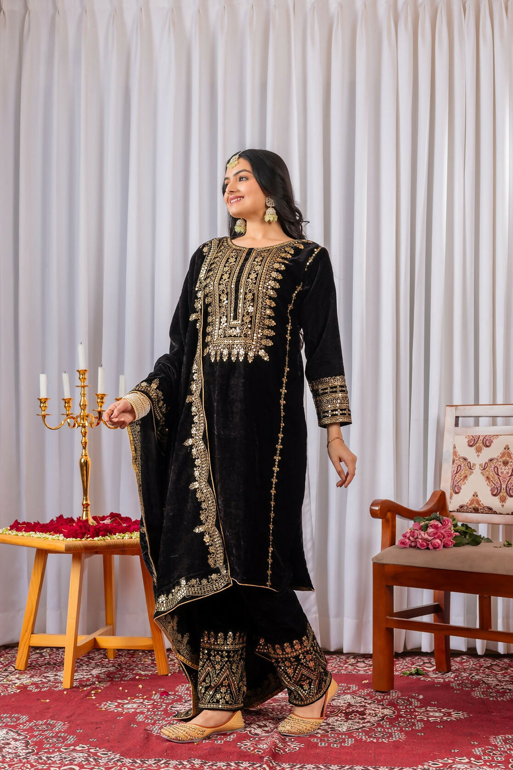 Joban Fashion Black Velvet Sequence Embroidery Work Kurta Set - Distacart