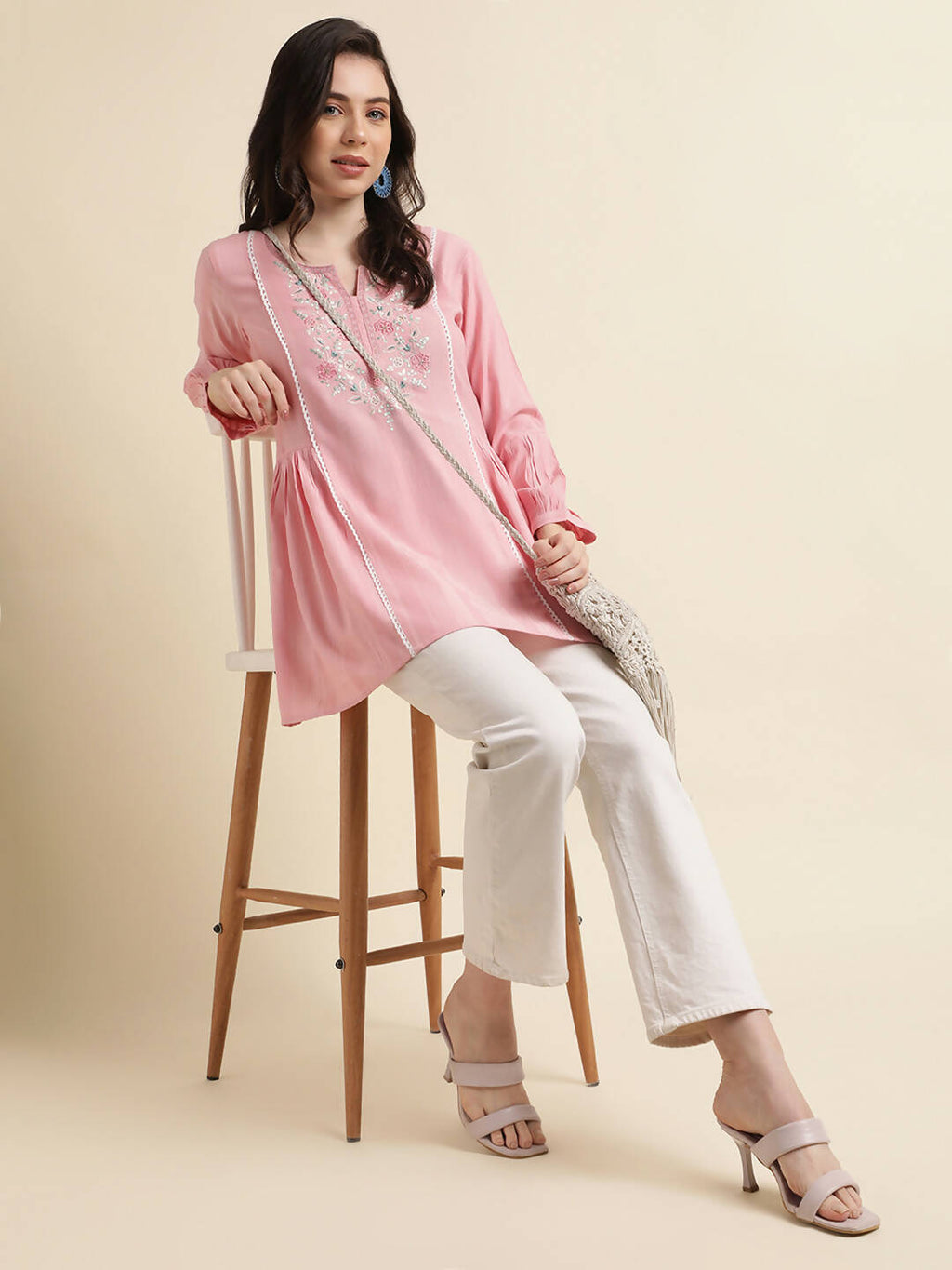 Pink Viscose Rayon Yoke Embroidered A-line Top - Tarini