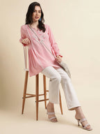 Pink Viscose Rayon Yoke Embroidered A-line Top - Tarini