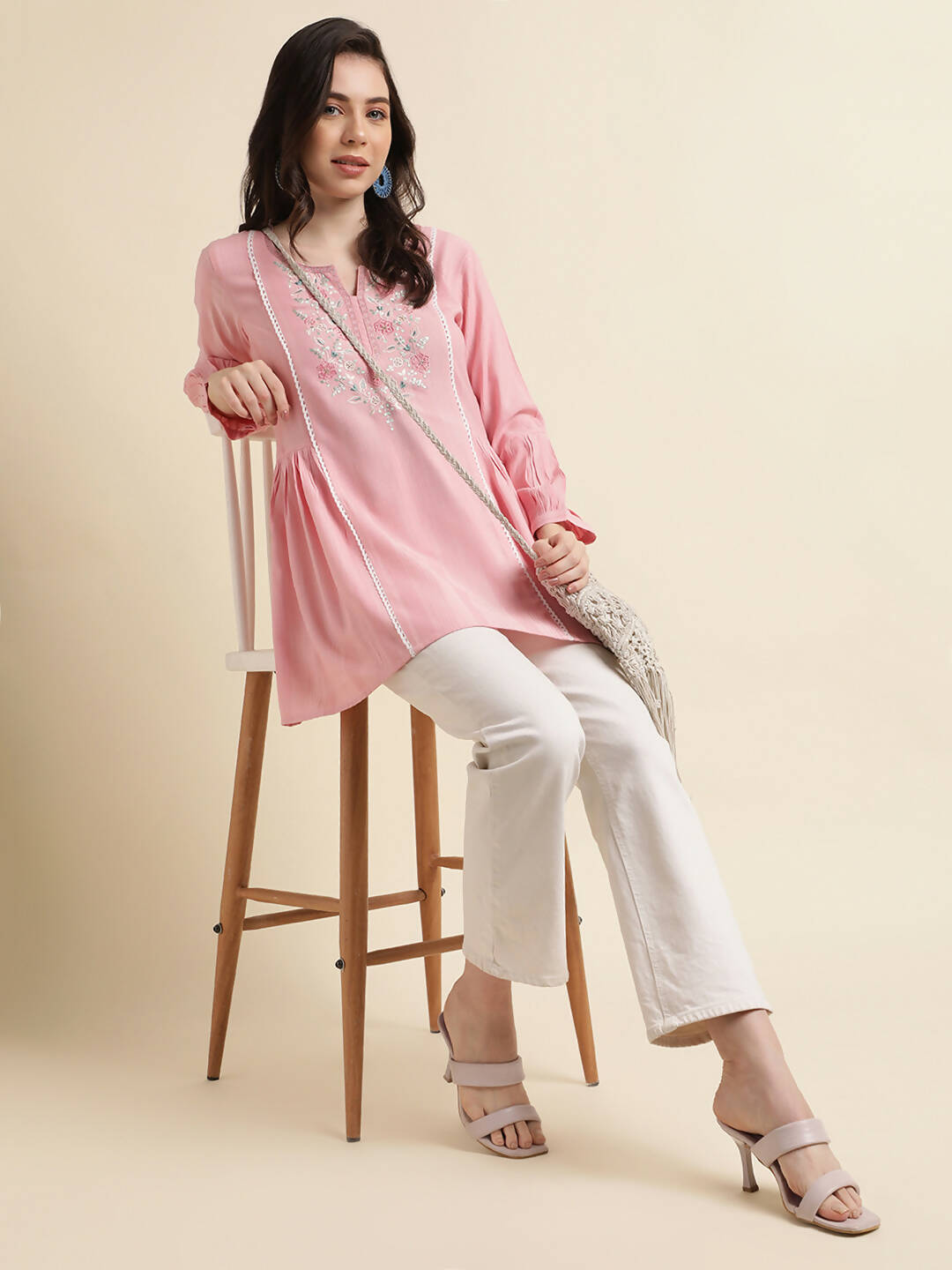 Pink Viscose Rayon Yoke Embroidered A-line Top - Tarini