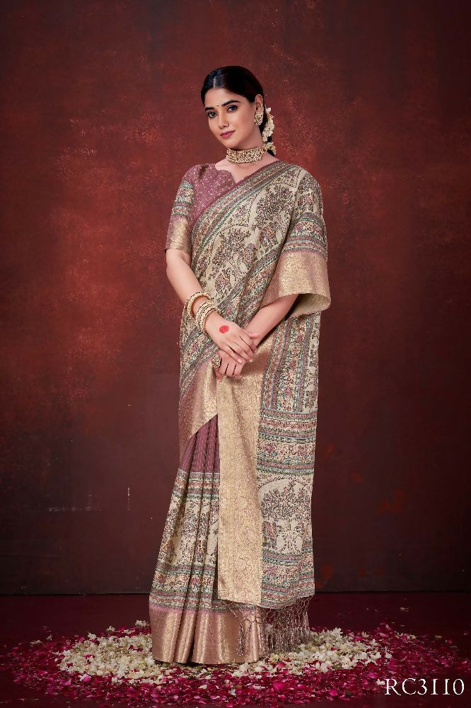 Pink Poly Habotai Silk Foil Print Saree with Unstitched Blouse - Kathari