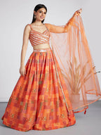House of Panchhi Orange colour Organza Treditional design digital print Semi-Stitched Lehenga choli & Dupatta