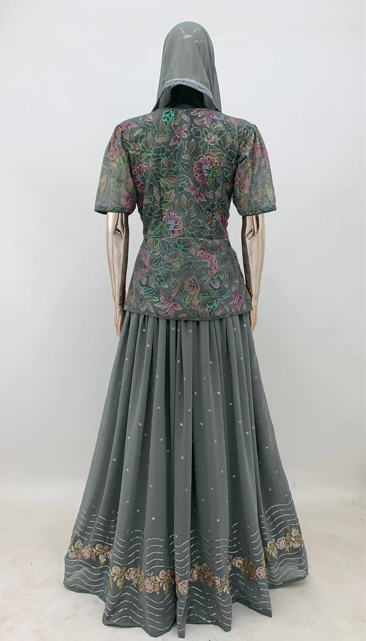 Lorenvalley Fashion Grey Faux Georgette Embroidery with Sequince Work Salwar Lehenga Stitched