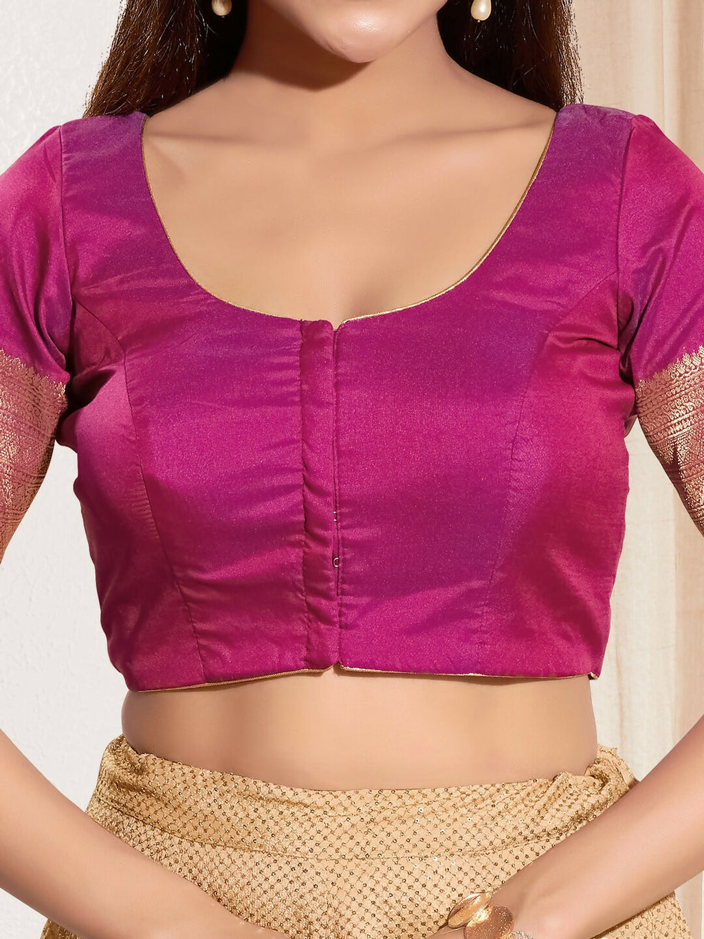 Joban Fashion Purple Taffeta Silk Padded Blouse With Round Neck Elbow Sleeves - Distacart