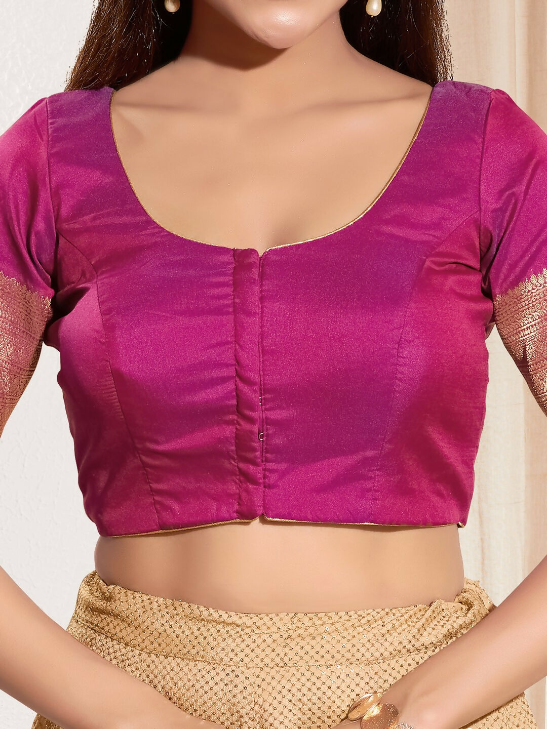 Joban Fashion Purple Taffeta Silk Padded Blouse With Round Neck Elbow Sleeves - Distacart