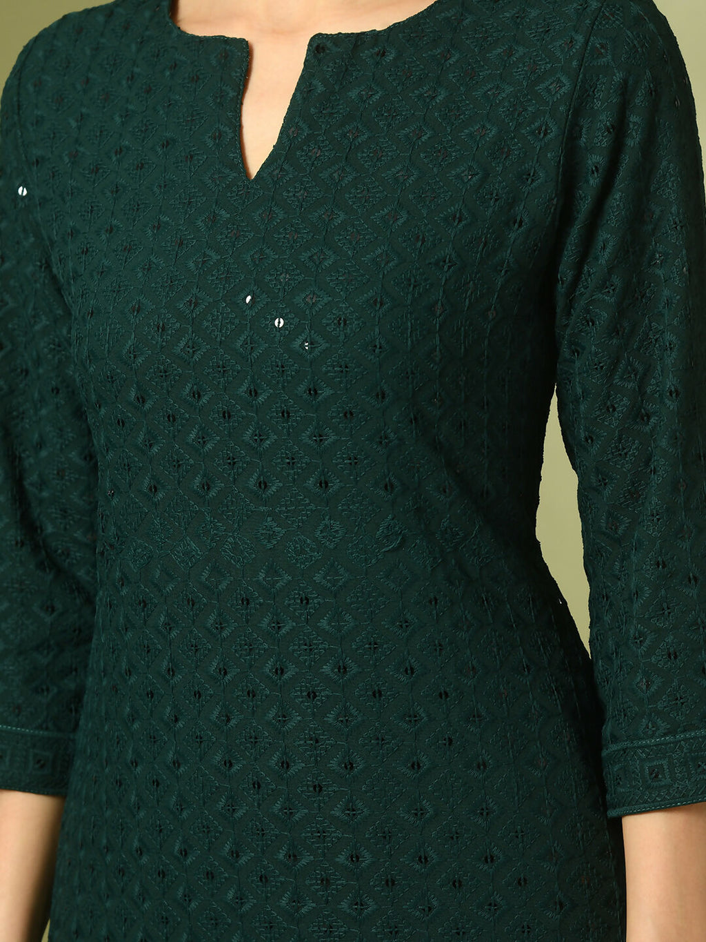 Myshka Women's Green Embroidered Cotton Straight Party Kurta Set