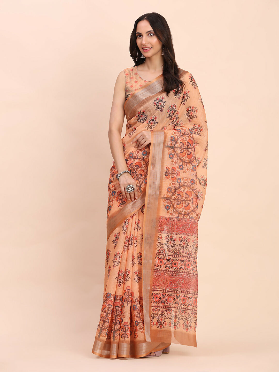 Shree Shyam Fashion Linen Cotton Orange Saree - Distacart