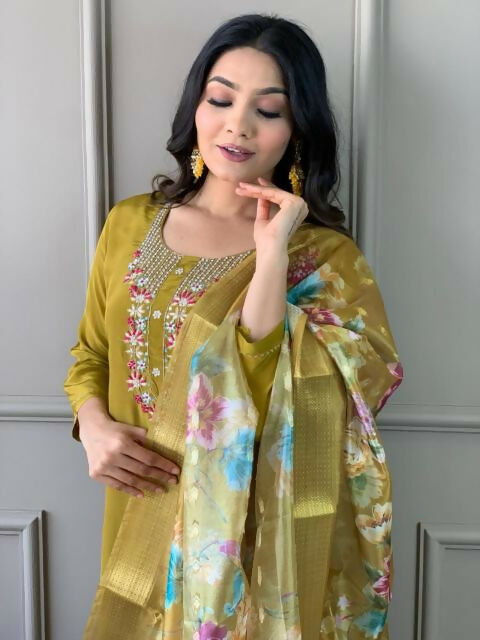 The52 Mustard Gorgeous Embroidered Viscose Chanderi Fabric Straight Kurta Pant with Dupatta Set - Distacart