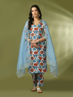 Myshka Women's Multi Printed Cotton Straight Party Kurta Set With Dupatta