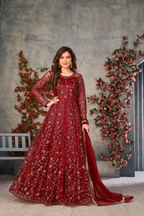 Anaita Maroon Embroidered Net Stitched Anarkali suit - Distacart