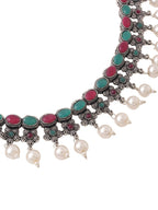 NVR Women Silver-Plated Stone Studded Oxidised Silver Jewellery Set
